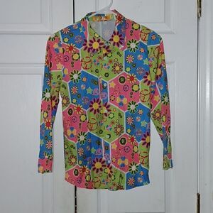 BesserBay flower child hippie peace 70's button shown shirt Unisex Sz XL 11-12Y